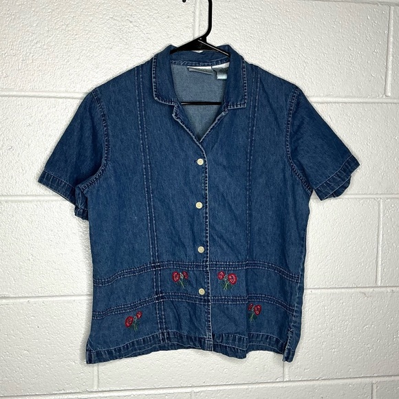 Erika Tops - < Vintage Erika Floral Embroidered Denim Button Down Shirt >